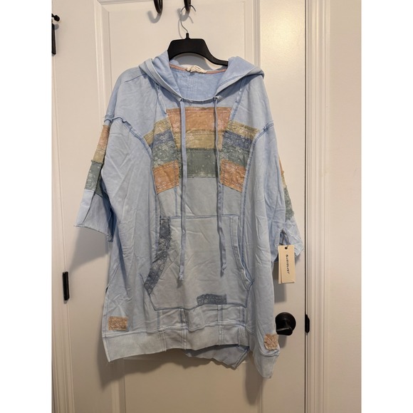 Blue Velvet Tops - Blue Velvet Hoodie Women S/M Blue NWT Patchwork Bandana Boho Oversized 9253BT